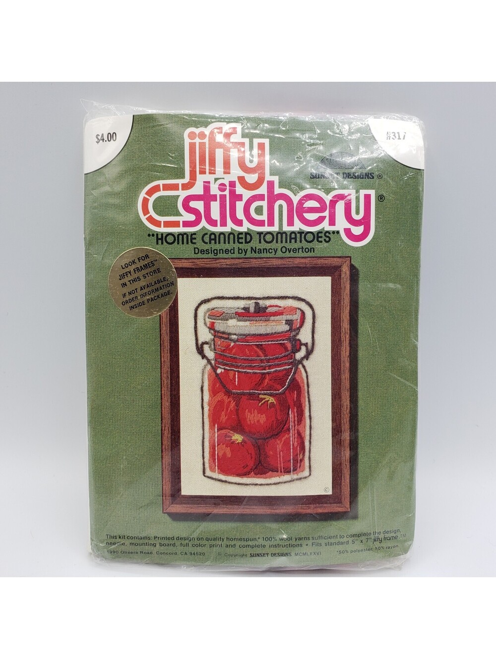 Vintage NOS Jiffy Stitchery Needlework Kit Home Canned Tomatoes #317 Crewel